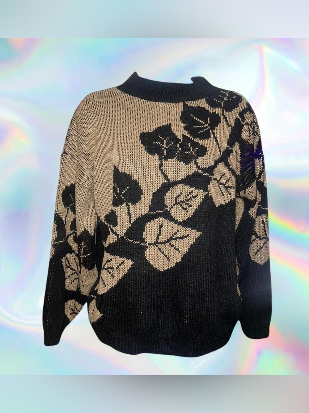 Chic Black and Tan Ivy Leaf Pattern Turtleneck Sweater